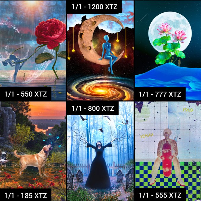 A collage of six digital art pieces (a rose, a figure on a moon, a lotus, a dog, a figure in a forest, and a person with a skateboard), each labeled with a price in XTZ (Tezos) ranging from 555 to 1200.