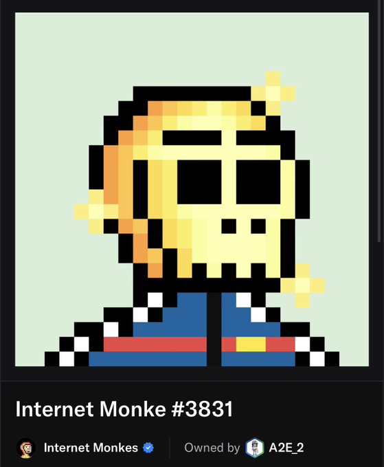 A pixel art NFT titled "Internet Monke #3831" from the "Internet Monkes" collection, owned by "A2E_2".
