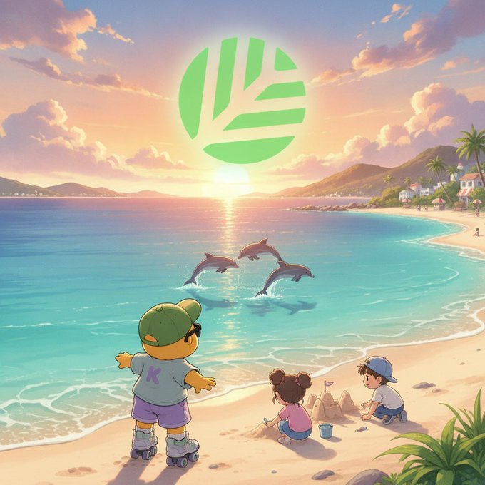 An illustrated beach scene at sunset features children building sandcastles and watching dolphins leap from the turquoise water, with a green leaf-and-stripes logo glowing in the sky.