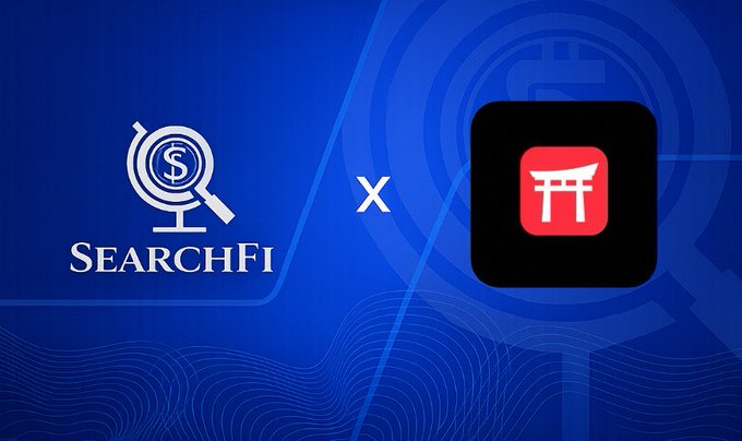 A partnership graphic on a blue background featuring the SearchFi logo with a magnifying glass and dollar sign next to an 'x' and a black app icon with a red Japanese torii gate symbol.
