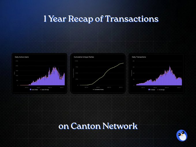 A dark blue infographic titled "1 Year Recap of Transactions on Canton Network" showing three charts: Daily Active Users, Cumulative Unique Parties, and Daily Transactions, with a small blue mascot in the corner.