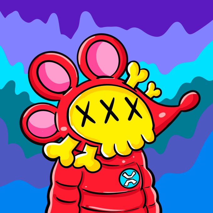A vibrant digital illustration of a red cartoon character with a yellow face marked with 'XXX' eyes, wearing a red suit against a wavy blue and purple background.