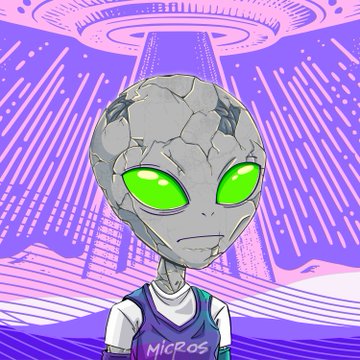A cartoon alien character with glowing green eyes and a cracked gray head, wearing a purple jersey labeled "MICROS," stands in front of a UFO beaming down light, promoting the Weekly Subscribers Wheel giveaway featuring prizes #4516 Micros and #4289 Mutant Bullbear.