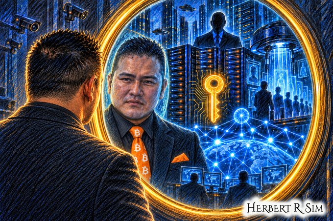 The image, credited to "Herbert R. Sim," depicts a man in a suit with a Bitcoin-themed tie gazing into an ornate mirror that reflects a dystopian surveillance cityscape filled with cameras, networked data nodes, a giant glowing key, and shadowy figures monitoring screens—visually embodying the post's warning about brain-computer interfaces and the need for cognitive sovereignty, data ownership, and control over who holds the cryptographic keys.