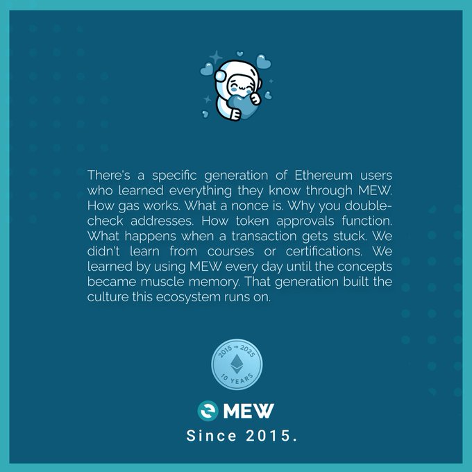 The image features a blue background with white text that reads "There's a specific generation of Ethereum users who learned everything they know through MEW". The text also mentions that the post was written by someone named "MEW" and was posted on January 15, 2015.