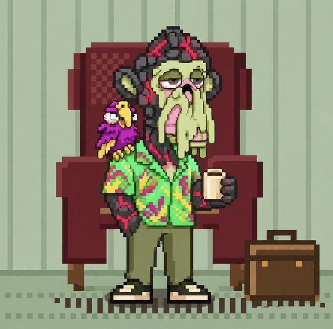 A pixel art illustration of a green-skinned, tentacled character wearing a colorful Hawaiian shirt, holding a mug and a small bird, standing next to a suitcase.