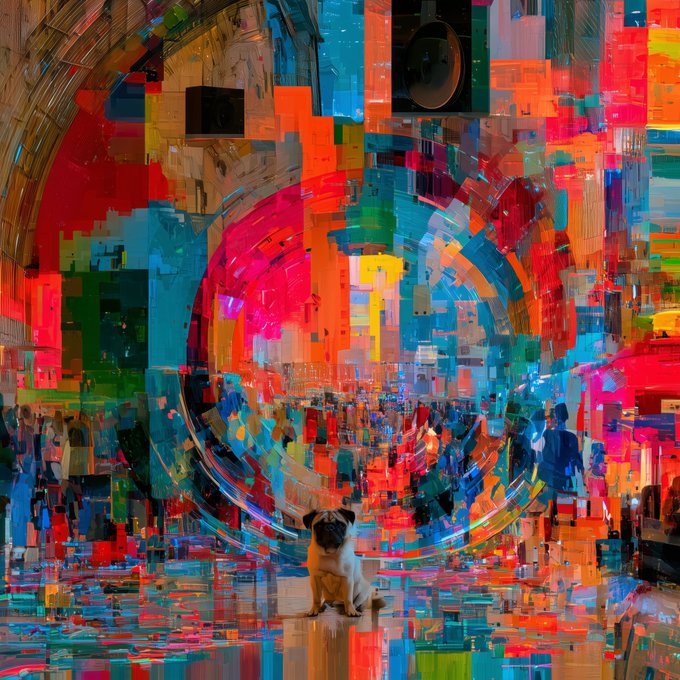 A digitally altered, abstract artwork with vibrant blocks of red, blue, and yellow colors depicting a pug sitting in front of swirling, tunnel-like patterns with faint silhouettes of people.