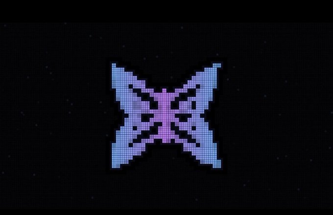 A pixelated butterfly design composed of light blue and purple squares displayed on a dark, grid-like background.