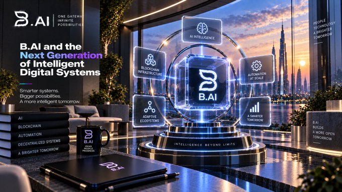 A promotional graphic for 'B.AI' advertising 'B.AI and the Next Generation of Intelligent Digital Systems,' featuring a futuristic interface with icons for AI Intelligence, Blockchain Infrastructure, Automation at Scale, and Adaptive Ecosystems.