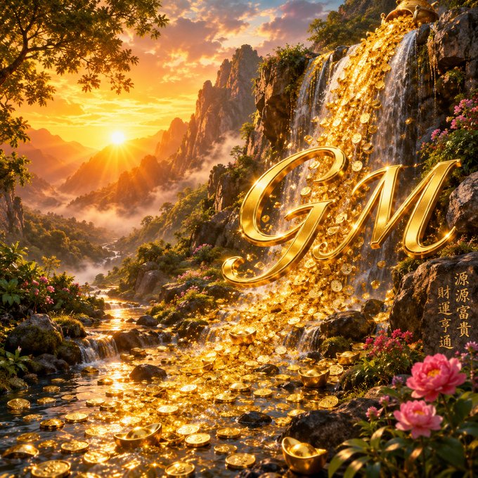 A magical waterfall scene at sunset cascades with glowing golden ingots and coins, prominently featuring the elegant letters "GM" and Chinese characters reading "源源富貴 財運亨通" (meaning "endless wealth and prosperity"), perfectly matching the post's wish for good morning blessings, abundance, and fortune.