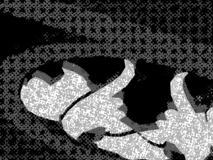 A black and white halftone-style abstract image with a textured, noisy pattern and curved ribbon-like shapes.