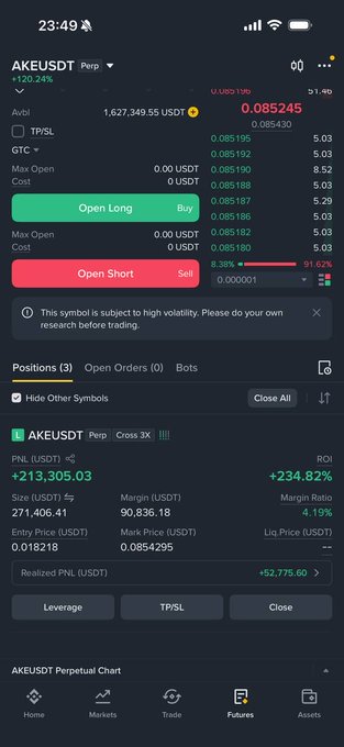 A cryptocurrency trading app screenshot showing a leveraged long position on AKEUSDT perpetual contract with +213,305.03 PNL and 8.38% ROI.
