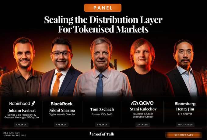 The image features five men standing next to each other against a dark background with orange text that reads "panel" and "Sealing the Distribution Layer For tokenised Markets". The panelists are all smiling, suggesting they are enjoying themselves or engaged in a friendly discussion.