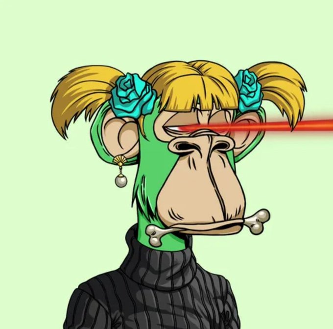 A cartoon illustration of a green and tan monkey/ape character with blonde pigtails adorned with teal roses, wearing a black turtleneck and a bone necklace, with red laser eyes against a light green background.