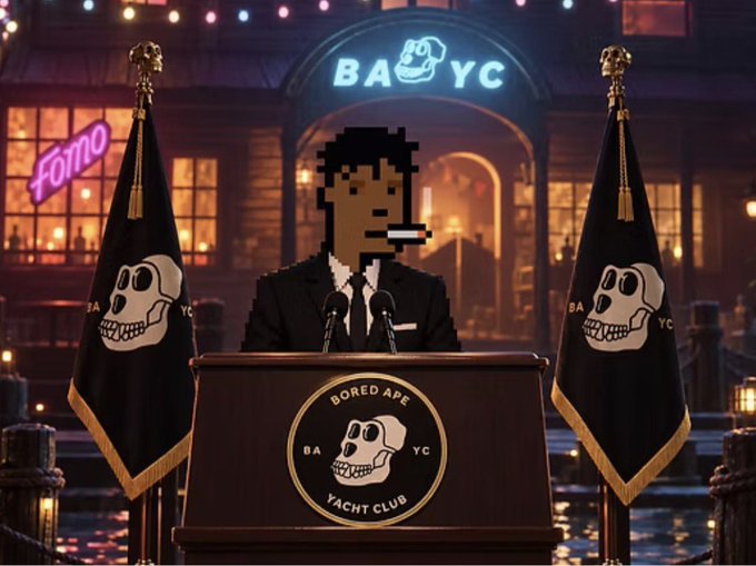 A pixel-art Bored Ape NFT figure with a cigar stands at a podium emblazoned with the Bored Ape Yacht Club (BAYC) logo, flanked by matching flags under a neon "BAYC" sign. A "Fomo" neon sign glows in the background, tying the satirical crypto scene to the post's discussion of a $5.9 million NFT rescue and the vigilance required in decentralized markets.