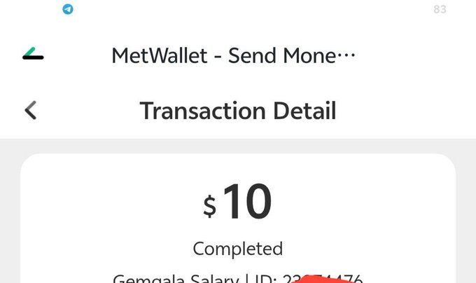 A MetWallet transaction detail screen showing a completed $10 transaction with partial text 'Gemgala Salary | ID: 22...'.