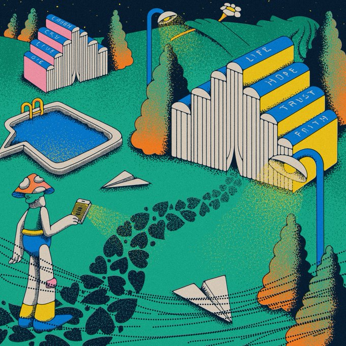 A surreal illustration shows a figure in a mushroom-shaped hat and polka-dot outfit using a smartphone to project a glowing trail of broken stone footsteps across a grassy landscape, passing a swimming pool and two cascading, waterfall-like bookshelves labeled with values such as "LIFE," "HOPE," "TRUST," and "FAITH" on the right, and "LAUGH," "CRY," "LIVE," and "DIE" on the left. The artwork, titled "the sign" by the artist and available on SuperRare for 0.11 ETH, visually represents a journey through contrasting emotional states and life's fleeting moments.