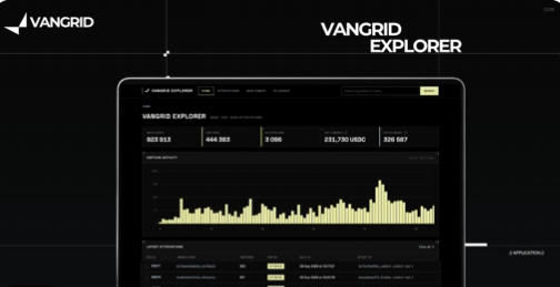 A dark-themed screenshot of the 'VANGRID EXPLORER' website showing a chart, statistics like '502 813' and '444 593', and a table of 'LATEST ATTRIBUTIONS'.