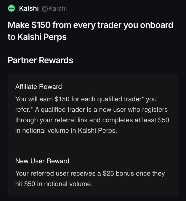 A Kalshi tweet promoting their Partner Rewards program, offering $150 for each qualified trader referred (who completes at least $50 in notional volume) and a $25 bonus for new users.