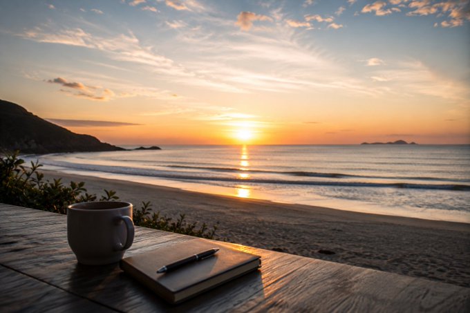 A serene sunset over the ocean viewed from a wooden table holding a coffee mug, a notebook, and a pen.