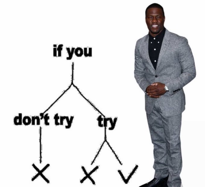 A meme featuring a man in a gray suit standing next to a hand-drawn flowchart that says 'if you' at the top, branching into 'don't try' (X) and 'try' (which then branches to another X and a checkmark).