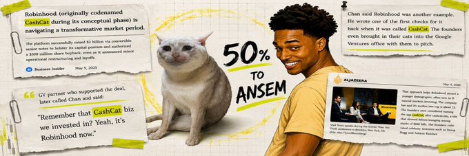A meme-style banner for "$CASHCAT" features a cat and a man's face with "50% TO ANSEM" text, surrounded by screenshots about Robinhood acquiring Cash Cat during its conceptual phase, with the post noting a community member added this as a banner image on Moby.