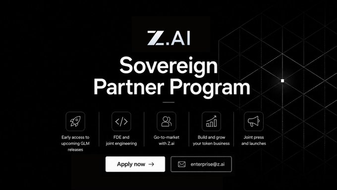 The image is a promotional graphic for Z.ai's "Sovereign Partner Program," featuring the Z.ai logo and highlighting five key benefits in icon form: early access to upcoming GLM releases, FDE and joint engineering, go-to-market support with Z.ai, building and growing token business, and joint press and launches. It includes "Apply now" and contact information (enterprise@z.ai) call-to-action buttons, directly aligning with the announcement of the Z.ai Sovereign Partner Program (ZSP) as a strategic initiative for partners bringing GLM to their markets.