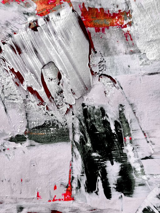 An abstract painting with heavy textures in black, white, gray, and red.