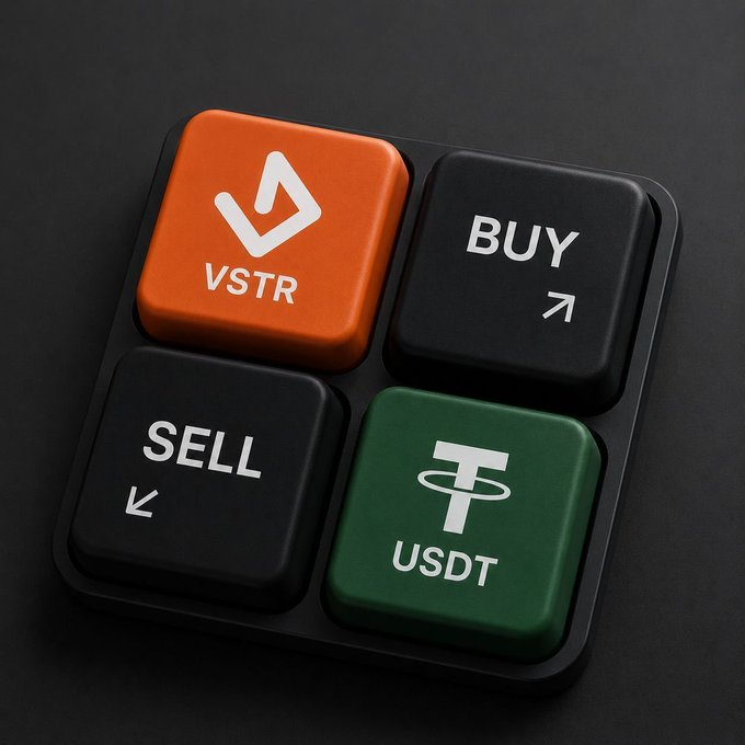 Four colorful keyboard buttons display cryptocurrency trading options with 'VSTR' (orange), 'BUY' (black), 'SELL' (black), and 'USDT' (green) labels and logos.