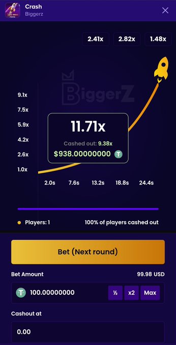 A screenshot of the 'Crash' game by Biggerz showing a winning multiplier of 11.71x and a payout of $938.00000000 USD, with a yellow rocket icon trailing an upward curve.