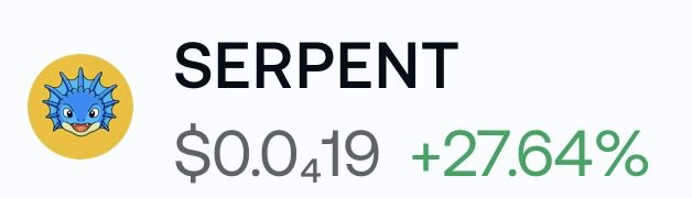 A graphic displays a yellow circular icon with a blue spiky-haired character alongside the text "SERPENT", a price of "$0.0419", and a green percentage increase of "+27.64%".