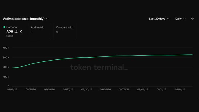 A dashboard screenshot showing a line graph of 'Cardano' 'Active addresses (monthly)' at 328.4 K, sourced from 'token terminal_'.