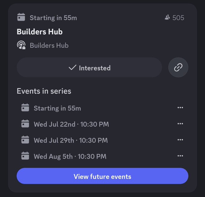 Discord event card for 'Builders Hub' starting in 55m with 505 attendees, marked as 'Interested', showing a recurring event series on Wednesdays at 10:30 PM with a 'View future events' button.