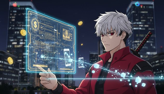 Anime-style illustration of a white-haired character in a red jacket holding a glowing holographic interface with floating coins against a cityscape.