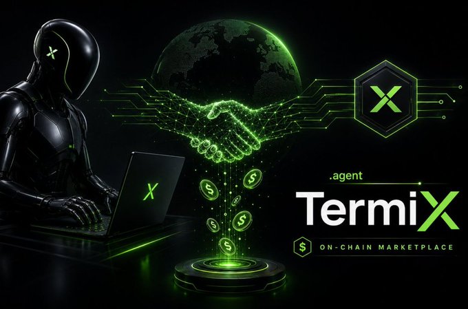 A digital promotional graphic for '.agent TermiX ON-CHAIN MARKETPLACE' features a black robotic figure at a laptop, a wireframe globe with a digital handshake, and floating green dollar sign coins.