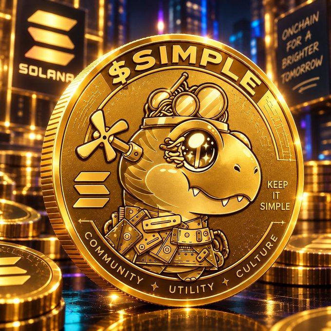 A close-up of a large gold-colored coin featuring a cartoon character design, inscribed with '$SIMPLE' and 'KEEP IT SIMPLE', surrounded by Solana-branded items.