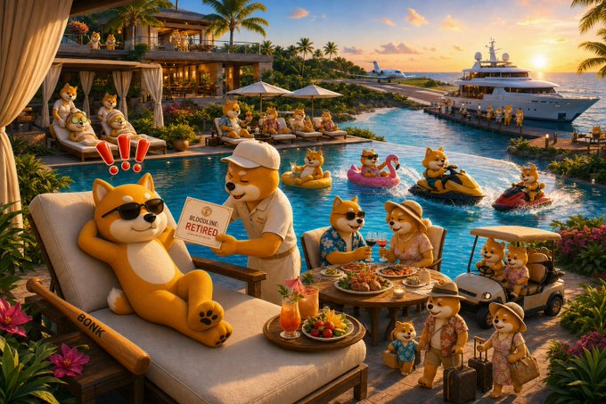 An AI-generated illustration of Shiba Inu dogs enjoying a luxury retirement resort, lounging by a pool, riding jet skis, dining, and relaxing on yachts, with one dog holding a 'BLOODLINE RETIRED' sign.