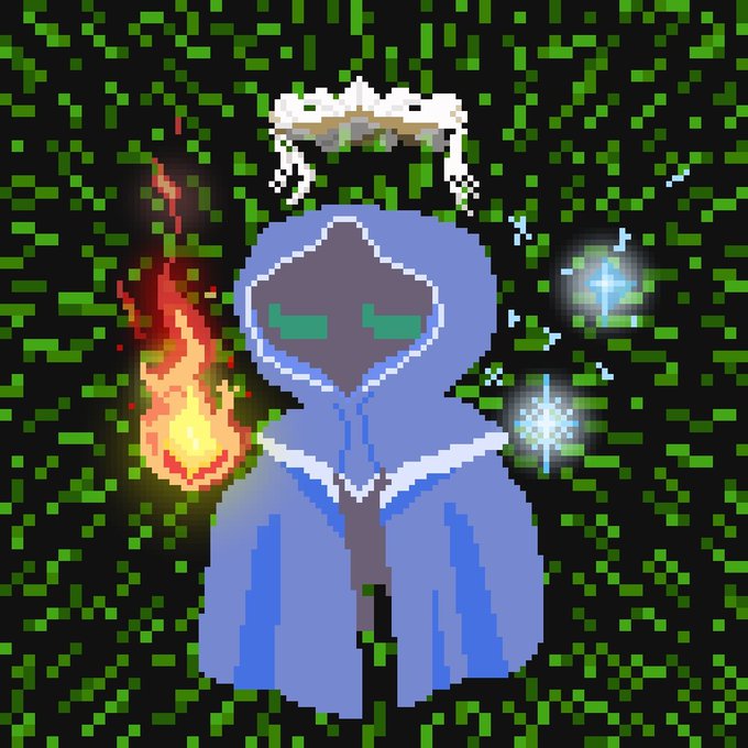 A pixel art illustration depicts a hooded, cloaked figure with glowing green eyes, a white skull floating above its head, a flame to its left, and icy blue sparkles to its right, set against a black background scattered with green squares. The mystical, eerie design of the character aligns with the post's promotional theme of "spirits" arriving for holders of the Monkey Hood NFT collection.