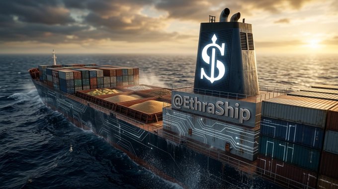 A 3D-rendered image of a cargo ship on the ocean at sunset labeled '@EthraShip', with a large dollar sign ($) logo on the ship's smokestack.