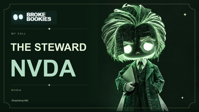 A promotional graphic for 'Broke Bookies' podcast featuring a stylized green character with a book for a head, labeled 'MY CALL: THE STEWARD NVDA NVIDIA'.