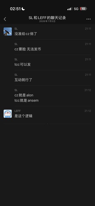 A Chinese chat screenshot dated July 5, 2025 shows a conversation between users "SL" and "LEFF" discussing tokens $CZ and $TCC, with SL noting that $CZ has lost its narrative ("没落给 cz 何了"), cannot be issued ("cz 要脸 无法发币"), but mutual promotion is possible ("互动就行了"), before concluding that "cz 就是 alon, tcc 就是 ansem" — framing $CZ as the "Alon" and $TCC as the "Ansem" of their relationship, which the poster's "I SL I $TCC" endorsement reinforces.
