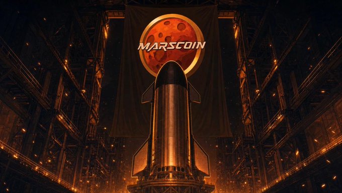 A futuristic rocket stands poised for launch inside an industrial hangar, with a large banner behind it displaying the "MARSCOIN" logo featuring a red planet. The imagery evokes the spirit of space exploration and cryptocurrency branding, tying into the "Mars mission" theme as Marscoin presents itself as the digital currency of interplanetary travel.