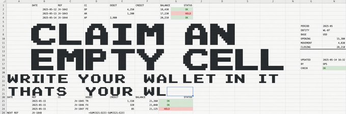 A spreadsheet graphic with pixel art text reading 'CLAIM AN EMPTY CELL, WRITE YOUR WALLET IN IT THATS YOUR WL' over a background showing trade history with dates, credit values, and status indicators.