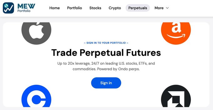 A screenshot of the MEW Portfolio website advertising 'Trade Perpetual Futures' with up to 20x leverage, featuring logos for Apple and Amazon and a blue Sign in button.