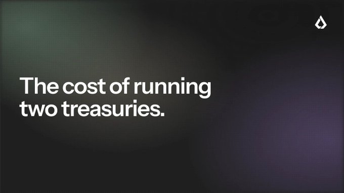 A dark screen with white text reading 'The cost of running two treasuries.'