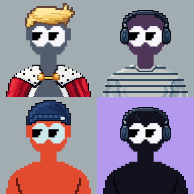 A 2x2 grid of pixel-art characters with featureless eyes wearing headphones in various outfits against pastel backgrounds.