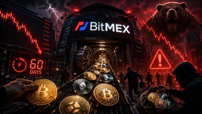 The image depicts a dramatic, ominous scene featuring a BitMEX-branded building with a "60 DAYS" countdown clock, surrounded by plummeting red price charts, a roaring bear, and coins being swept into a vault—illustrating the post's warning that BitMEX is shutting down and users have 60 days to withdraw their crypto assets.