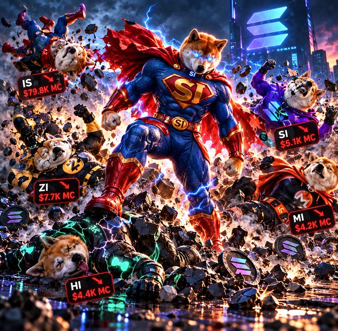 A cartoon-style Shiba Inu dressed as a superhero in a red cape and blue suit stands triumphantly amid rubble, with price tags for IS $79.8K, SI $5.1K, ZI $7.7K, MI $4.2K, and HI $4.4K surrounding other costumed Shibas.
