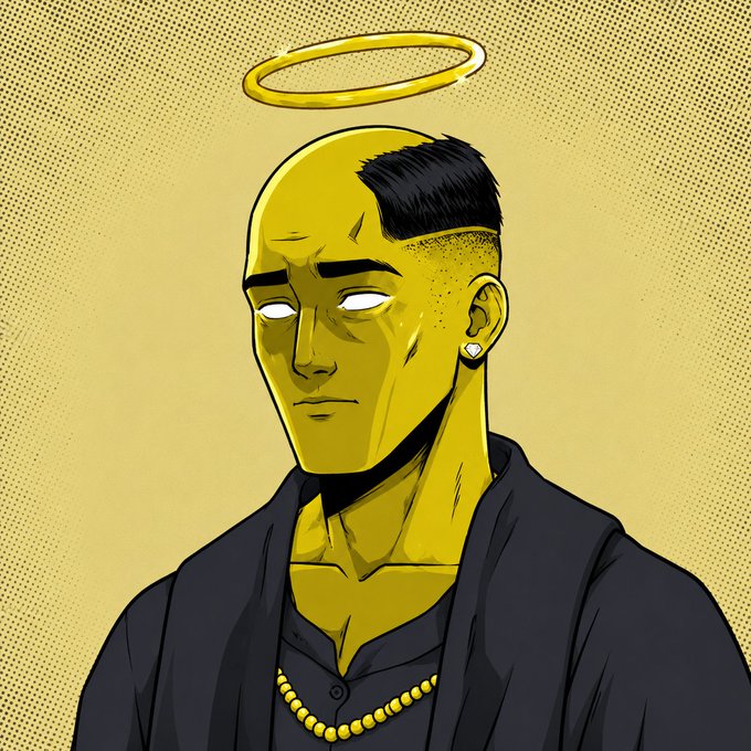 A digital illustration depicts a man with yellow skin, a gold halo, a faded haircut, a diamond stud earring, and a gold chain wearing a black shirt against a textured yellow background.