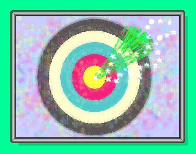 The image displays a framed archery target with a green arrow striking near the bullseye, surrounded by sparkling stars and a glittery pastel background. The target imagery aligns with the celebratory "GM GM friends Happy #TezosTuesday" post, symbolizing focus, precision, and hitting the mark on a positive, community-driven day.